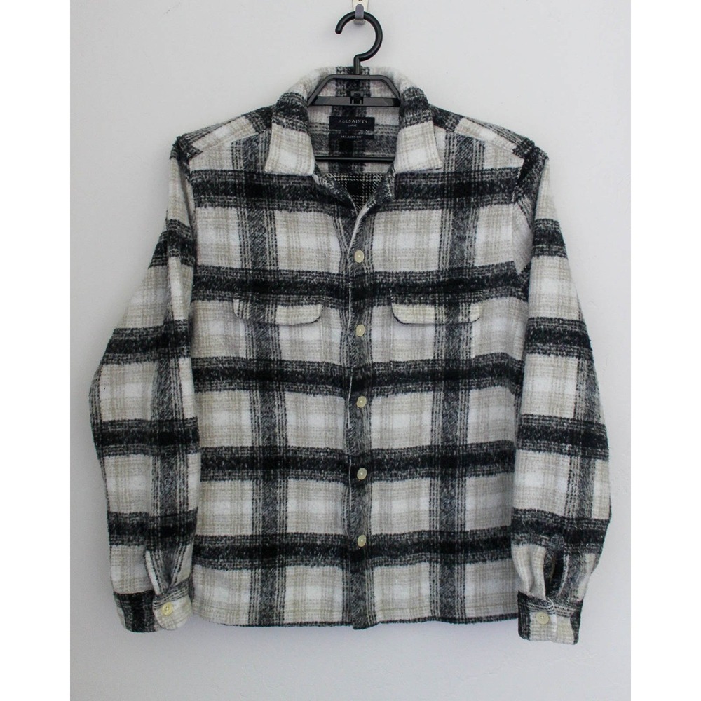 All Saints Plaid Shirt Jacket Mens Large Black White Relaxed Fit Overshirt